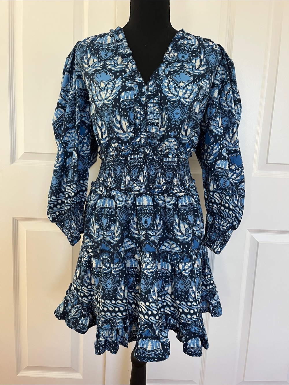 Love the Label Blue Smocked Waist V-Neck Women's Dress